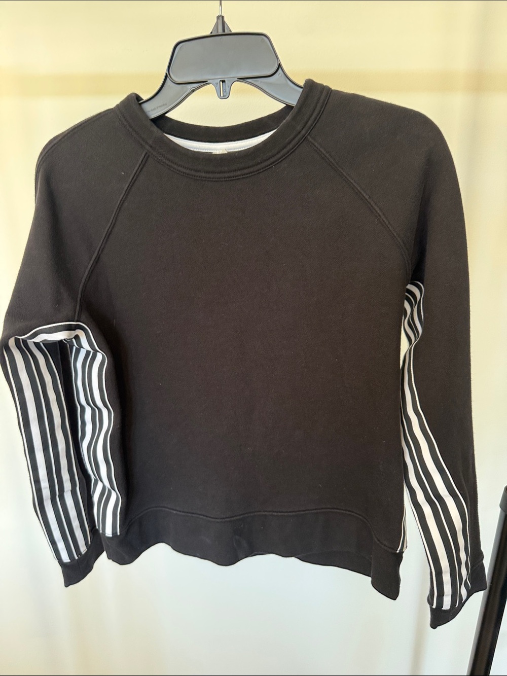 Athleta Black Crewneck Sweater with Black & White Striped Sleeve Panels